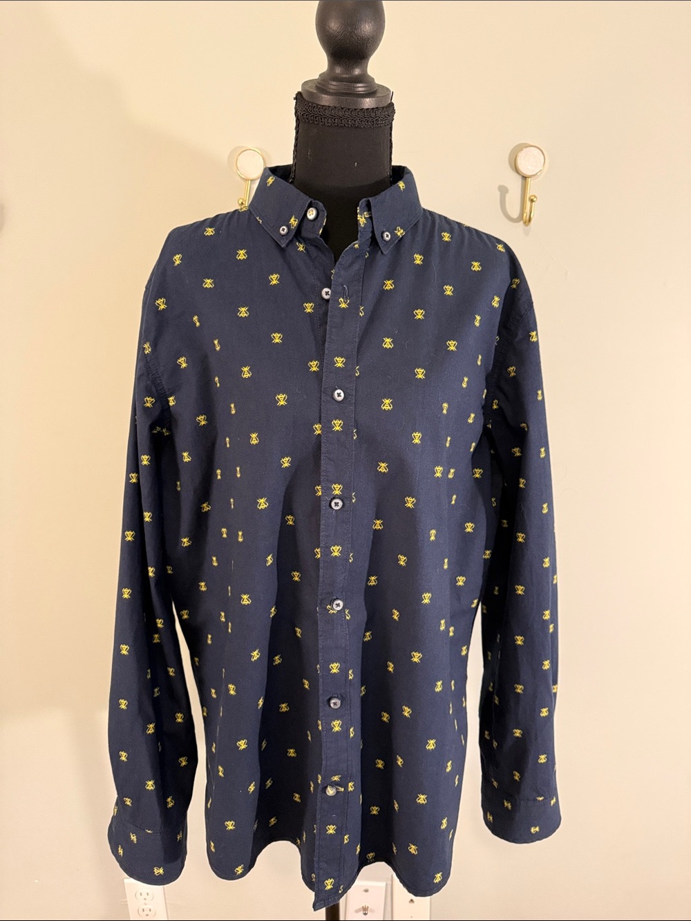 Men's Navy Button-Down Shirt with Yellow Micro Print